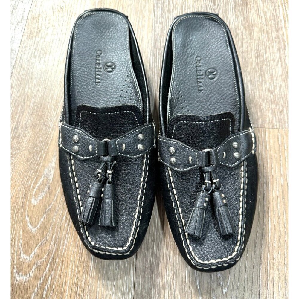 Cole Haan Black Leather Tassel Slip-On Mules with Stud Detail
